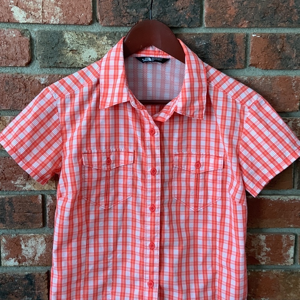 North Face Red Orange & White Plaid Short Sleeve Hiking Top - Picture 3 of 7